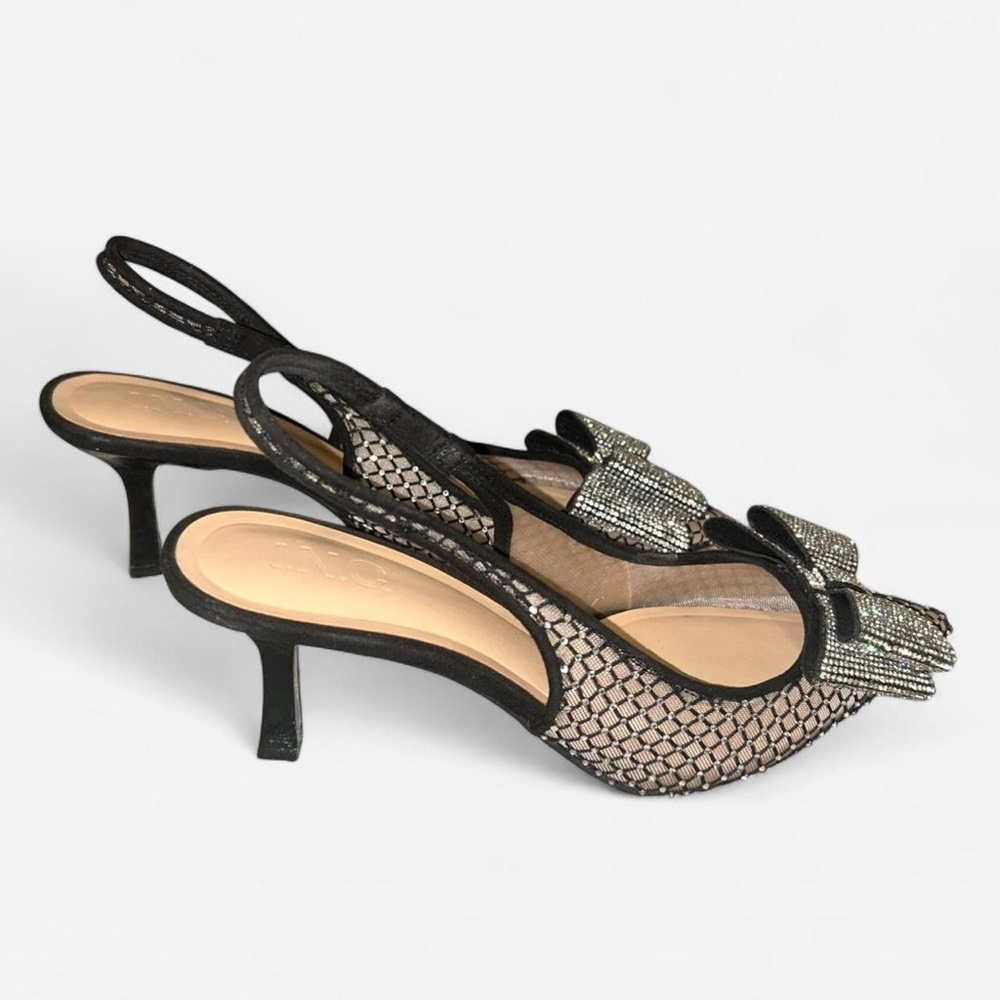 INC International Concepts Black Mesh Slingback Heels with Rhinestone Bow